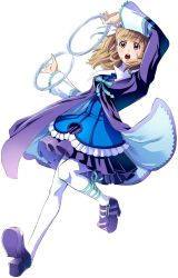Rule 34 | 1girl, bow, brown eyes, brown hair, chakram, dress, full body, hair ornament, hairpin, high heels, jpeg artifacts, long sleeves, official art, ooba wakako, open mouth, pantyhose, purple dress, ribbon, shoes, short hair, simple background, solo, surprised, weapon, white background, white pantyhose, wild arms, wild arms 4, yulie ahtreide