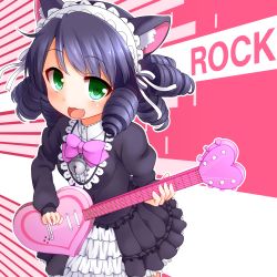 Rule 34 | 10s, 1girl, animal ears, bell, black hair, blush, bow, cat ears, curly hair, cyan (show by rock!!), faubynet, gothic lolita, green eyes, guitar, hairband, highres, instrument, lolita fashion, lolita hairband, looking at viewer, open mouth, short hair, show by rock!!, smile, solo, striped, striped background