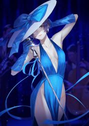 Rule 34 | 1girl, 2others, arm up, armpits, black hair, blue dress, blue gloves, blue ribbon, breasts, breasts apart, closed mouth, dress, earrings, elbow gloves, gloves, grey eyes, highres, holding, holding microphone, indoors, jewelry, kaoming, looking at viewer, medium breasts, microphone, microphone stand, multiple others, no bra, people, ribbon, short hair, solo focus, suntory, suntory nomu, virtual youtuber, white headwear