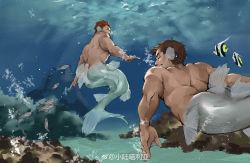 Rule 34 | 2boys, absurdres, ass, back, bara, brown hair, completely nude, fins, fish, from behind, full body, head fins, highres, looking at viewer, male focus, merman, monster boy, multiple boys, muscular, muscular male, nude, original, short hair, smile, swimming, underwater, xiaolumiaoliya