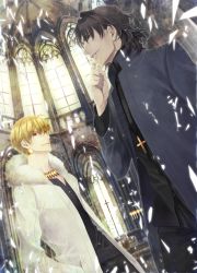 Rule 34 | 2boys, blonde hair, broken glass, brown eyes, brown hair, cassock, church, coat, cross, cross necklace, fate/stay night, fate (series), fur trim, gilgamesh (fate), glass, highres, jewelry, kotomine kirei, male focus, multiple boys, necklace, red eyes, rui yuda