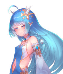 1girl, :t, ahoge, bare shoulders, blue eyes, blue hair, blush, breasts, clothing cutout, detached sleeves, eyelashes, from side, highres, horns, king&#039;s raid, lilia (king&#039;s raid), long hair, looking at viewer, navel cutout, pointy ears, pout, side cutout, simple background, skin tight, small breasts, solo, straight hair, tearing up, upper body, very long hair, white background, yu mochi (kamiinu)