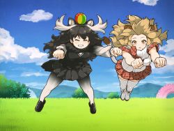 Rule 34 | &gt; &lt;, 10s, 2girls, animal ears, antlers, ball, clenched hand, duckface, horns, kemono friends, lion (kemono friends), lion ears, long hair, meme, moose (kemono friends), moose ears, multiple girls, open mouth, pantyhose, skirt, tail, tanaka kusao, thighhighs