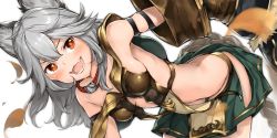 Rule 34 | 10s, 1girl, absurdres, bare shoulders, blush, erune, fangs, granblue fantasy, highres, neo-masterpeacer, no panties, open mouth, red eyes, sen (granblue fantasy), silver hair, skirt, solo