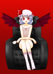 Rule 34 | 1girl, :d, armchair, bat wings, blue hair, camisole, chair, cup, fang, female focus, flat chest, hat, izumi minami, looking at viewer, nipples, open mouth, polka dot, polka dot background, red background, red eyes, remilia scarlet, see-through, sitting, smile, socks, solo, touhou, wings