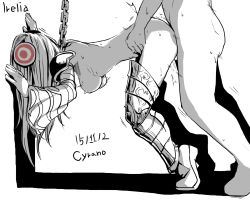 Rule 34 | 1boy, 1girl, against wall, artist name, ass, bdsm, bent over, bondage, bound, breasts, chain, cyrano (aazzss3), greyscale, hetero, highres, irelia, league of legends, long hair, monochrome, nipples, nude, out of frame, sex, sex from behind, solo focus, spot color, standing, text focus, vaginal