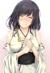 Rule 34 | 1girl, aga marino, black hair, blush, breasts, closed eyes, detached sleeves, hair ornament, japanese clothes, jewelry, kantai collection, large breasts, no headgear, nontraditional miko, obi, ring, sash, short hair, smile, solo, wedding ring, white background, wide sleeves, yamashiro (kancolle)