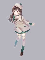 Rule 34 | 1girl, beret, blush, brown eyes, brown footwear, brown hair, brown ribbon, brown socks, choker, closed mouth, collarbone, commentary request, full body, green choker, green skirt, green socks, grey background, grey jacket, hand up, hat, highres, hozumi rino, jacket, leaning forward, loafers, long hair, long sleeves, neck ribbon, original, pleated skirt, ribbon, shoes, simple background, skirt, sleeves past wrists, smile, socks, socks over thighhighs, solo, standing, standing on one leg, thighhighs, very long hair, white hat