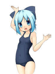 Rule 34 | 1girl, bad id, bad pixiv id, blue eyes, blue hair, bow, cirno, female focus, hair bow, kinakomoti, matching hair/eyes, one-piece swimsuit, open mouth, school swimsuit, simple background, skin tight, solo, swimsuit, touhou, white background
