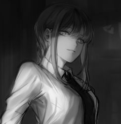 Rule 34 | 1girl, blunt bangs, braid, braided ponytail, breasts, chainsaw man, collared shirt, commentary request, from side, greyscale, long hair, long sleeves, looking at viewer, makima (chainsaw man), medium breasts, monochrome, muuyiie, necktie, parted lips, shirt, sketch, solo, teeth, upper body