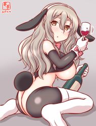 Rule 34 | 1girl, alcohol, animal ears, ass, back, blush, bottle, breasts, brown background, brown eyes, crotchless, crotchless pantyhose, cup, drinking glass, drunk, fake animal ears, fake tail, frontless outfit, gradient background, grey hair, hair between eyes, holding, holding bottle, kanon (kurogane knights), kantai collection, large breasts, latex, latex legwear, leotard, long hair, looking at viewer, looking back, meme attire, one-hour drawing challenge, open mouth, pantyhose, playboy bunny, pola (kancolle), rabbit ears, rabbit tail, revealing clothes, reverse bunnysuit, reverse outfit, sitting, smile, solo, tail, thighhighs, wariza, wavy hair, white thighhighs, wine bottle, wrist cuffs