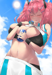 Rule 34 | 1girl, absurdres, azur lane, between breasts, black bra, black panties, blue sky, blush, bra, breasts, bremerton (azur lane), bremerton (scorching-hot training) (azur lane), can, cleavage, closed eyes, clothes lift, cloud, collared shirt, commentary, commentary request, cowboy shot, day, green skirt, grey hair, groin, hair between eyes, hair intakes, hair ornament, hairclip, highres, holding, holding can, hot, large breasts, lens flare, lifting own clothes, long hair, midriff, mole, mole under eye, multicolored hair, navel, nose blush, outdoors, panties, panty peek, parted lips, pink hair, revision, sakkama, shirt, shirt lift, sidelocks, skirt, sky, sleeveless, sleeveless shirt, solo, sportswear, standing, streaked hair, sun, sunlight, sweat, tennis uniform, twintails, two-tone hair, two-tone skirt, u u, underwear, white shirt, white skirt, wristband