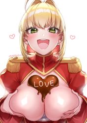 Rule 34 | 1girl, ahoge, blonde hair, blush, braid, breast hold, breasts, breasts out, candy, chocolate, chocolate heart, chocolate on body, chocolate on breasts, clothes pull, dress, dress pull, epaulettes, fate/extra, fate (series), food, food on body, french braid, green eyes, hair between eyes, hair bun, hair intakes, heart, highres, large breasts, long hair, long sleeves, looking at viewer, nero claudius (fate), nero claudius (fate) (all), nero claudius (fate/extra), open mouth, red dress, single hair bun, smile, solo, yayoi maka