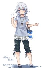 Rule 34 | 1girl, alternate costume, bag, blue eyes, braid, character name, contemporary, full body, handbag, highres, izayoi sakuya, jewelry, looking at viewer, mary janes, necklace, pants, shirt, shoes, short sleeves, silver hair, simple background, smile, solo, text focus, touhou, toutenkou, twin braids, twitter username, white background