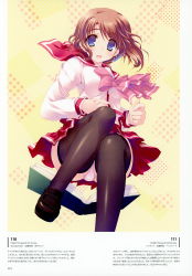 Rule 34 | 1girl, absurdres, amazuyu tatsuki, black thighhighs, blue eyes, book, bow, breasts, brown hair, detached sleeves, folded ponytail, hair ornament, highres, komaki manaka, loafers, long sleeves, looking at viewer, medium breasts, official art, open mouth, page number, panties, pantyshot, pleated skirt, sailor collar, scan, school uniform, shoes, simple background, sitting, skirt, smile, thighhighs, to heart (series), to heart 2, underwear, zettai ryouiki