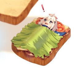 Rule 34 | !, 1girl, blue eyes, bread, commentary, emergency food, english commentary, food, genshin impact, hair ornament, halo, in food, lettuce, mini person, minigirl, open mouth, paimon (genshin impact), rosuuri, sandwich, short hair, solo, tomato, twitter username, white hair