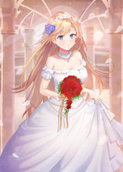 Rule 34 | 1girl, bare shoulders, blonde hair, blue eyes, blue gemstone, blush, bouquet, braid, breasts, bridal veil, bride, choker, dress, earrings, flower, g36 (girls&#039; frontline), gem, girls&#039; frontline, hair between eyes, hair ornament, highres, holding, holding bouquet, jewelry, light particles, long hair, looking at viewer, medium breasts, necoring862, off-shoulder dress, off shoulder, red flower, red rose, ring, rose, sidelocks, skirt hold, smile, solo, veil, very long hair, wedding dress, wedding ring, white dress