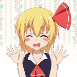 Rule 34 | 1girl, ^ ^, ascot, blonde hair, blush stickers, cato (monocatienus), closed eyes, facing viewer, floral background, hair ribbon, hands up, open hands, open mouth, patterned background, ribbon, rumia, short hair, short sleeves, solo, striped, striped background, touhou, upper body, vest