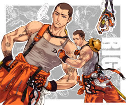 Rule 34 | 1boy, 1girl, ayane (doa), belt, brown hair, buzz cut, character name, dead or alive, dead or alive 5, f-15jrs, facial hair, fighting stance, gloves, hands on own hips, hard hat, helmet, male focus, muscular, ninja, overalls, rig (doa), scar, shinobi, short hair, stubble, taekwondo, tank top, tattoo, tecmo, translation request, very short hair
