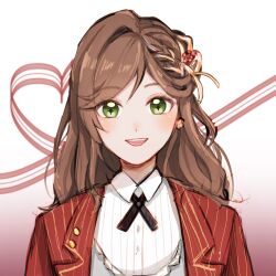 Rule 34 | 1girl, :d, brown hair, collared shirt, green eyes, hair ornament, happy valentine, heart, highres, jacket, long hair, long sleeves, looking at viewer, lsy0416, open mouth, red jacket, rosa (tears of themis), shirt, smile, solo, tears of themis, valentine, white shirt