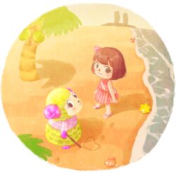 Rule 34 | 2girls, :3, animal crossing, bag, beach, blunt bangs, blush, blush stickers, brown hair, closed mouth, coconut, coconut tree, commentary request, coral, curled horns, dress, eyelashes, flip-flops, flower, footprints, furry, furry female, hair flower, hair ornament, handbag, heart, holding, holding stick, horns, long sleeves, looking at viewer, looking back, moai (aoh), multiple girls, nintendo, outdoors, palm tree, pink dress, pink flower, pink horns, pink shirt, sand, sandals, scallop, seashell, sheep girl, shell, shirt, shore, short hair, sky, sleeveless, sleeveless dress, smile, standing, stick, striped clothes, striped dress, transparent background, tree, vertical-striped clothes, vertical-striped dress, villager (animal crossing), water, white bag, willow (animal crossing), yellow sky