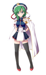 Rule 34 | 1girl, absurdres, asymmetrical hair, black thighhighs, blue eyes, cape, contrapposto, crop top, cropped vest, epaulettes, full body, gloves, green hair, hand on own hip, hat, high-waist skirt, highres, miniskirt, mono (mono60), puffy short sleeves, puffy sleeves, red footwear, shiki eiki, shoes, short sleeves, simple background, skirt, smile, solo, standing, thighhighs, touhou, vest, white background, white gloves, zettai ryouiki