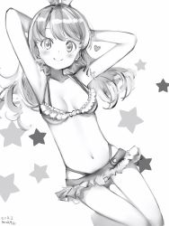 Rule 34 | 1girl, bikini, blush, breasts, closed mouth, dated, gluteal fold, greyscale, hands up, highres, himemori luna, hololive, long hair, looking at viewer, medium breasts, monochrome, nanashi (nlo), navel, simple background, skirt, smile, solo, star (symbol), swimsuit, thigh gap, virtual youtuber, white background