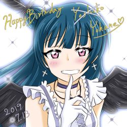 Rule 34 | 10s, 1girl, 2019, artist name, bare shoulders, bat necklace, black feathers, black wings, blue hair, blush, cross, cross earrings, dated, earrings, feathers, female focus, gloves, hair bun, jewelry, long hair, looking at viewer, love live!, love live! school idol festival, love live! sunshine!!, momoka ryouka, necktie, red eyes, single hair bun, smile, solo, tsushima yoshiko, upper body, white background, white gloves, wings