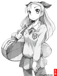 Rule 34 | 10s, 1girl, assam (girls und panzer), carrying, commentary request, coupy pencil (medium), cowboy shot, dress shirt, emblem, girls und panzer, gofu, greyscale, guitar case, hair pulled back, hair ribbon, instrument case, light frown, long hair, long sleeves, looking at viewer, miniskirt, monochrome, necktie, pantyhose, pleated skirt, ribbon, school uniform, shirt, sketch, skirt, solo, spot color, st. gloriana&#039;s (emblem), st. gloriana&#039;s school uniform, standing, sweater, traditional media, v-neck, watermark, web address, wing collar