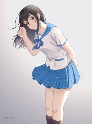 Rule 34 | 1girl, arm behind back, artist name, black hair, blue bow, blue sailor collar, bow, bowtie, brown eyes, closed mouth, collarbone, dated, feet out of frame, gradient background, grey background, highres, himeragi yukina, kepico, kneehighs, leaning forward, long hair, looking at viewer, plaid, plaid skirt, playing with own hair, pleated skirt, saikai academy school uniform, sailor collar, school uniform, serafuku, shirt, short sleeves, skirt, smile, socks, solo, strike the blood, white shirt
