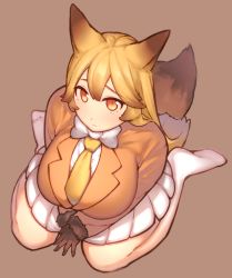 Rule 34 | 10s, 1girl, animal ears, bad id, bad pixiv id, blonde hair, breasts, ezo red fox (kemono friends), fox ears, fox girl, fox tail, from above, huge breasts, kemono friends, long hair, looking at viewer, mogu (kanikama mgmg), necktie, orange eyes, red background, red eyes, simple background, sitting, skirt, solo, tail, wariza