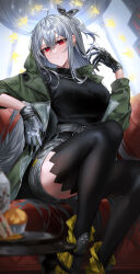 Rule 34 | 1girl, absurdres, ahoge, akqne, angelfish, arknights, belt, black bow, black gloves, black sweater, black thighhighs, boots, bow, breasts, closed mouth, expressionless, fish, gloves, green jacket, grey hair, grey shorts, hair bow, highres, jacket, jewelry, long hair, medium breasts, necklace, one side up, open clothes, open jacket, red eyes, revision, short shorts, shorts, skadi (arknights), skadi (the next afternoon tea) (arknights), solo, sweater, thighhighs, very long hair, yellow footwear