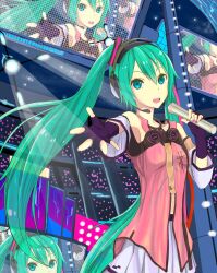 Rule 34 | 1girl, absurdres, aqua eyes, aqua hair, beet3kc-honoh232close, concert, detached sleeves, freely tomorrow (vocaloid), happy, hatsune miku, highres, looking at viewer, microphone, music, project diva (series), project diva f, singing, sleeveless, smile, solo, stage, star voice (module), twintails, vocaloid