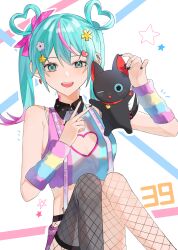 1girl 39 :d absurdres animal aqua_eyes aqua_hair asymmetrical_legwear bare_shoulders black_cat black_collar black_nails black_thighhighs blue_shirt bow breasts cat cleavage_cutout clothing_cutout collar commentary crop_top deco_miku detached_sleeves ear_piercing fishnet_pantyhose fishnet_thighhighs fishnets hair_bow hair_bun hair_ornament hairpin hand_up hatsune_miku heart heart_cutout heart_hair_bun heart_hair_ornament highres hinano_(hino_0o0o) holding holding_animal holding_cat looking_at_viewer medium_hair midriff mismatched_legwear multicolored_hair one_eye_closed open_mouth pantyhose piercing pink_bow pink_hair purple_shirt purple_skirt shirt sitting skirt sleeveless sleeveless_shirt smile solo star_(symbol) star_hair_ornament suspenders thighhighs twintails two-tone_hair v vocaloid white_background