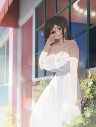Rule 34 | 1girl, arm at side, bare shoulders, blurry, blurry background, blurry foreground, blush, breasts, brown hair, character request, cleavage, closed mouth, commentary request, copyright request, door, dot mouth, dot nose, dress, glasses, highres, huge breasts, jitome, long hair, looking at viewer, outdoors, ryusei hashida, sidelocks, solo, sparkle, white dress, window