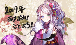 Rule 34 | 1girl, 2017, blue eyes, brush, floral print, flower, green eyes, hair flower, hair ornament, hand on own chest, happy new year, heterochromia, holding, holding brush, japanese clothes, kanola u, kanzashi, kimono, looking at viewer, new year, original, parted lips, purple kimono, red flower, side ponytail, smile, solo, upper body