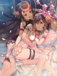 Rule 34 | 2girls, arm behind head, arm garter, bad id, bad pixiv id, bare shoulders, blurry, bridal garter, brown hair, closed mouth, commentary request, cup, elrusa, flower, hair flower, hair ornament, highres, long hair, looking at another, lying, multiple girls, navel, on side, open mouth, original, panties, petals, pillow, red eyes, shingeki no bahamut, short hair, smile, teacup, underwear, very long hair