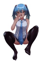 Rule 34 | 1girl, :d, absurdres, bare shoulders, black thighhighs, blue hair, blue nails, blush, breasts, convenient censoring, fang, hatsune miku, highres, looking at viewer, medium breasts, necktie, open mouth, r-man, red eyes, sitting, skin fang, skirt, sleeveless, smile, solo, spread legs, thighhighs, tie clip, transparent background, twintails, vocaloid