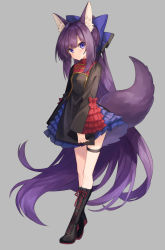 Rule 34 | 1girl, absurdly long hair, animal ears, bad id, bad pixiv id, black dress, black footwear, blue bow, blush, boots, bow, closed mouth, commentary request, coyucom, cross-laced footwear, dress, fox ears, fox girl, fox tail, full body, grey background, hair between eyes, hair bow, high ponytail, highres, knee boots, lace-up boots, long hair, long sleeves, looking at viewer, original, ponytail, purple eyes, purple hair, short dress, solo, speech bubble, standing, tail, thigh strap, very long hair