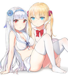 Rule 34 | 2girls, agnam ore, all fours, arm support, bad id, bad pixiv id, bare shoulders, barefoot, bikini, bikini skirt, blonde hair, blue eyes, breasts, cleavage, dress, hairband, highres, leaning back, long hair, looking at viewer, medium breasts, multiple girls, original, red eyes, scrunchie, silver hair, sitting, sleeveless, sleeveless dress, small breasts, swimsuit, thighhighs, twintails, white dress, white legwear