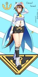 Rule 34 | 1girl, absurdres, animal ears, ascot, black shorts, black socks, blue cape, blue eyes, blush, brown hair, cape, character name, cheval grand (umamusume), closed mouth, dated, full body, hair between eyes, hat, highres, horse ears, horse girl, jacket, blue background, looking at viewer, multicolored hair, navel, peaked cap, shorts, simple background, socks, solo, standing, streaked hair, subculture is, twitter username, two-tone background, umamusume, white background, white footwear, white hair, white hat, white jacket, yellow ascot