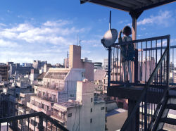 Rule 34 | 1girl, apartment, backpack, bag, black skirt, blue sky, building, city, cityscape, cloud, commentary request, day, fence, recording, grey jacket, headphones, highres, horizon, ikegami kouki, jacket, original, outdoors, pleated skirt, railing, rooftop, satellite dish, scenery, school uniform, shirt, shoes, short hair, skirt, sky, skyline, sneakers, solo, stairs, stairwell, standing, taking picture, white shirt, wide shot