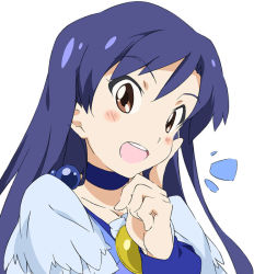 Rule 34 | 1girl, blue hair, blue theme, blush stickers, brown eyes, choker, collarbone, cosplay, cure beauty, cure beauty (cosplay), face, idolmaster, idolmaster (classic), kisaragi chihaya, long hair, open mouth, precure, smile, smile precure!, solo, umanosuke