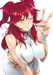 Rule 34 | 1girl, bare shoulders, bike shorts, blush, breasts, cleavage, covered erect nipples, crop top, ear piercing, freckles, gundam, gundam 00, highres, ippo, large breasts, long hair, looking at viewer, nena trinity, one eye closed, piercing, red hair, shiny skin, simple background, solo, standing, v, white background, yellow eyes