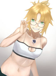 Rule 34 | 1girl, absurdres, aito, bare shoulders, blonde hair, breasts, cleavage, commentary request, fate/apocrypha, fate/grand order, fate (series), glasses, green eyes, highres, jewelry, looking at viewer, mordred (fate), mordred (fate/apocrypha), mordred (memories at trifas) (fate), navel, necklace, open mouth, ponytail, short hair, simple background, smile, solo