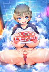 Rule 34 | 1girl, areola slip, blue eyes, blush, breasts, grey hair, hair between eyes, hand on own hip, highres, huge breasts, looking at viewer, open mouth, shirt, smile, solo, spread legs, sugihara (sugihara2000), sugoi dekai, t-shirt, uzaki-chan wa asobitai!, uzaki hana