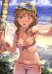 Rule 34 | 1girl, arm grab, bad id, bad pixiv id, bikini, blue sky, blush, breasts, brown hair, cloud, commentary request, cowboy shot, day, dripping, front-tie bikini top, front-tie top, goggles, goggles on head, hair tie, hammock, highres, looking at viewer, low twintails, medium breasts, medium hair, ocean, one eye closed, open mouth, original, outdoors, palm tree, short twintails, side-tie bikini bottom, side-tie bottom, sky, solo focus, standing, stomach, striped bikini, striped clothes, swimsuit, tree, twintails, water, wet, yellow eyes, yoropa