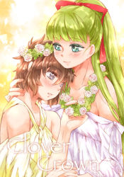 Rule 34 | 2girls, aqua eyes, bad id, bad pixiv id, blush, brown hair, couple, cover, cover page, dress, english text, flower, green hair, hair ribbon, head on another&#039;s shoulder, head wreath, holding hands, interlocked fingers, jenny dolittle, light smile, long hair, lynn lambretta, miniskirt pirates, multiple girls, mutou mato, parted lips, ponytail, ribbon, short hair, smile, wide ponytail, wreath, yuri