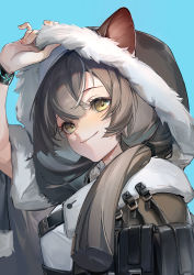 Rule 34 | 1girl, absurdres, animal ears, arknights, blue background, blush, brown bag, brown cape, brown hair, cape, eve chuxi, fur-trimmed hood, fur trim, hair between eyes, hair tubes, highres, honeyberry (arknights), hood, hooded cape, long hair, pouch, shirt, simple background, solo, upper body, white shirt, yellow eyes