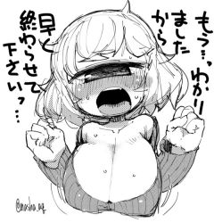 Rule 34 | 1girl, blush, breasts, cleavage, clenched hands, collarbone, cyclops, greyscale, huge breasts, looking at viewer, masha, monochrome, one-eyed, open mouth, original, ribbed sweater, sagging breasts, simple background, sketch, solo, sweater, tareme, translation request, upper body, white background